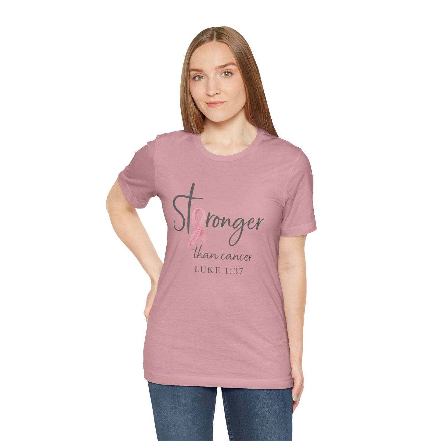 Stronger Than Cancer Faith Shirt – Breast Cancer Awareness Luke 1:37 | Jersey Tee