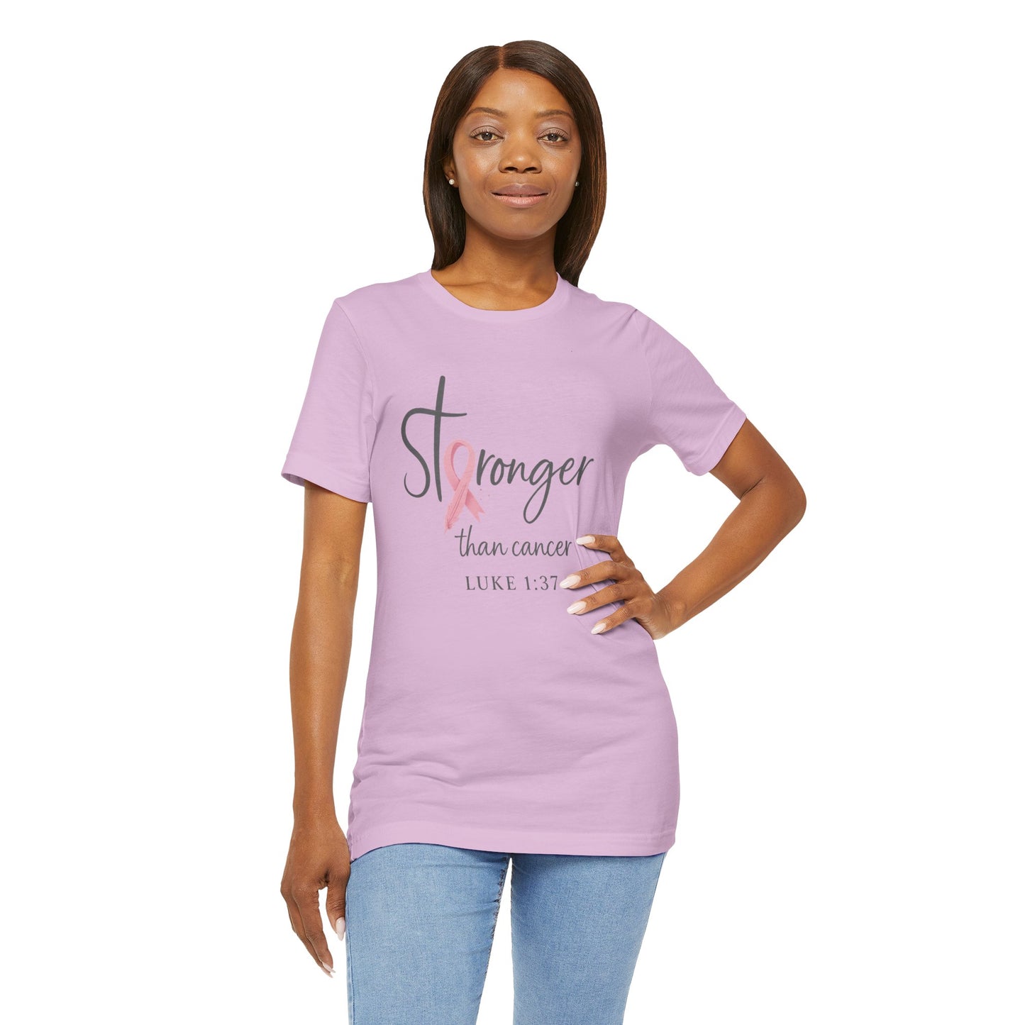 Stronger Than Cancer Faith Shirt – Breast Cancer Awareness Luke 1:37 | Jersey Tee