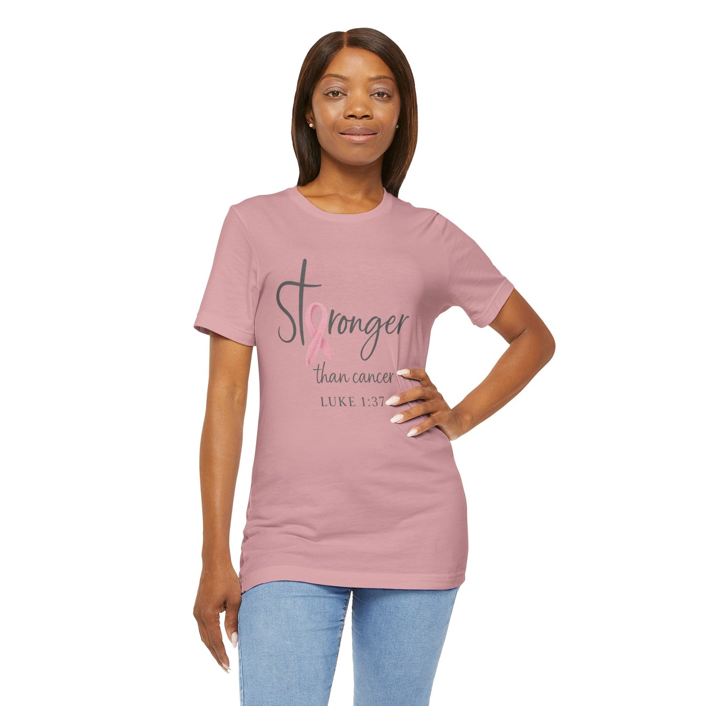 Stronger Than Cancer Faith Shirt – Breast Cancer Awareness Luke 1:37 | Jersey Tee