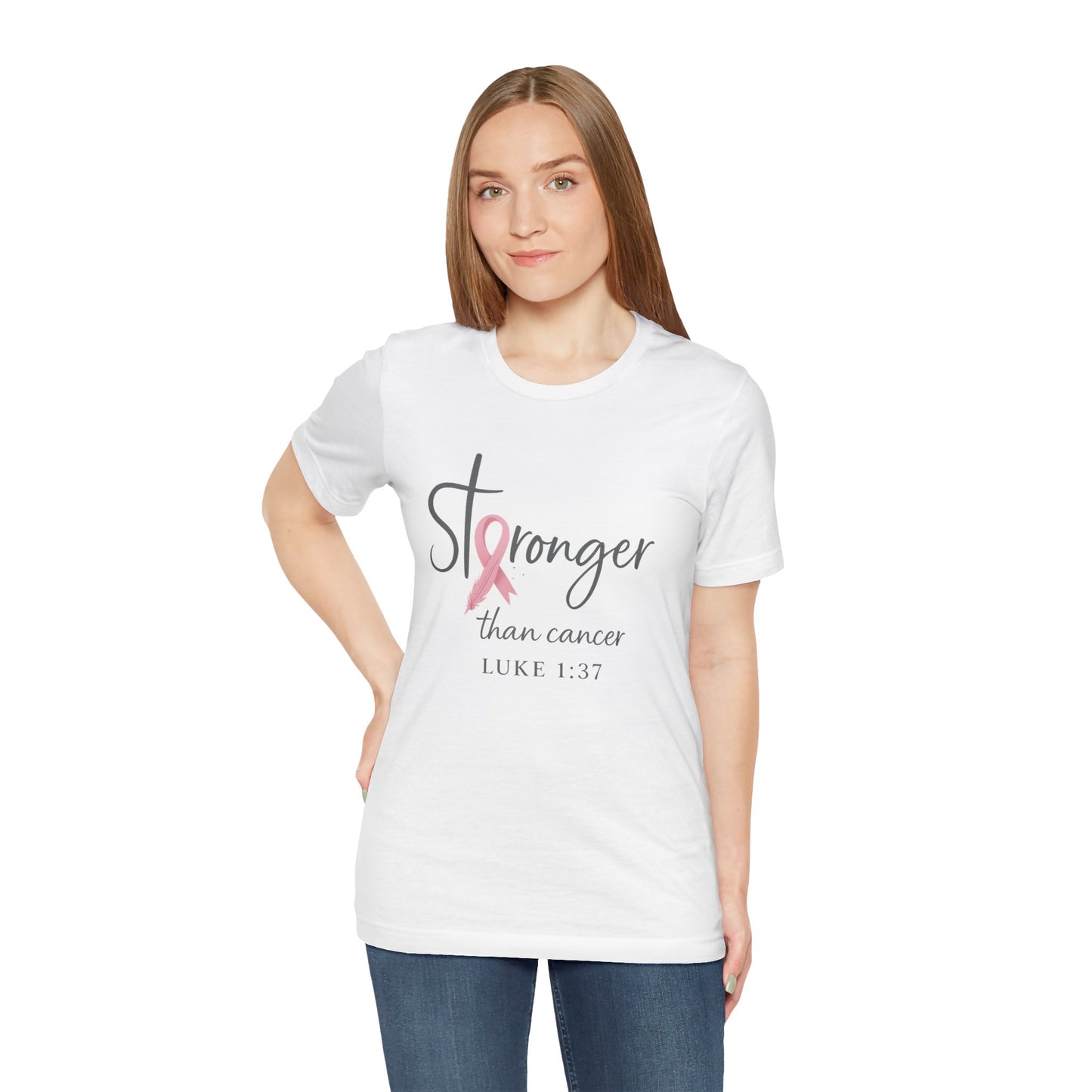 Stronger Than Cancer Faith Shirt – Breast Cancer Awareness Luke 1:37 | Jersey Tee