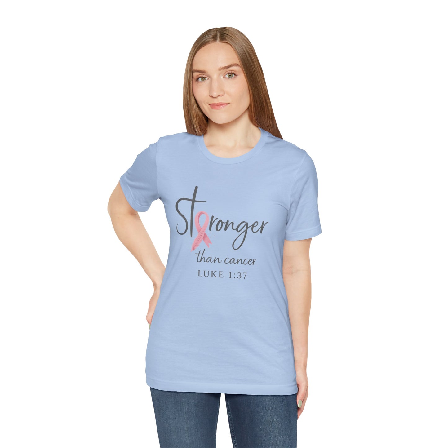 Stronger Than Cancer Faith Shirt – Breast Cancer Awareness Luke 1:37 | Jersey Tee