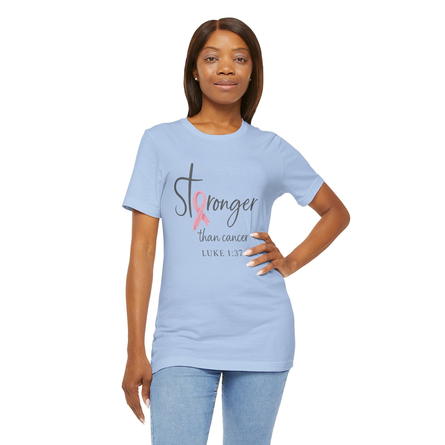 Stronger Than Cancer Faith Shirt – Breast Cancer Awareness Luke 1:37 | Jersey Tee